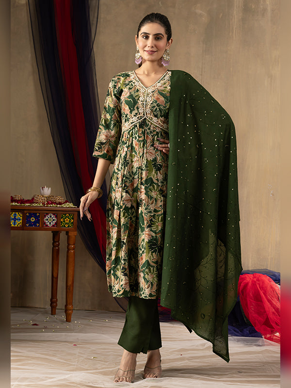 Green Alia Cut Embroidered With Hand Work Suit Set