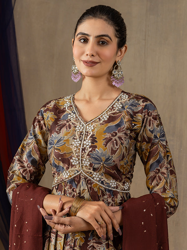 Maroon Alia Cut Embroidered With Hand Work Suit Set