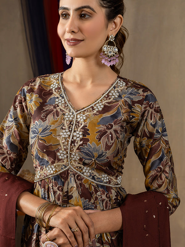 Maroon Alia Cut Embroidered With Hand Work Suit Set