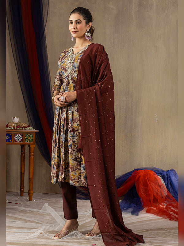Maroon Alia Cut Embroidered With Hand Work Suit Set