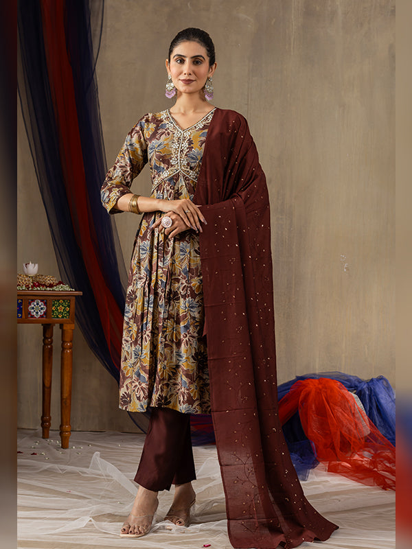 Maroon Alia Cut Embroidered With Hand Work Suit Set