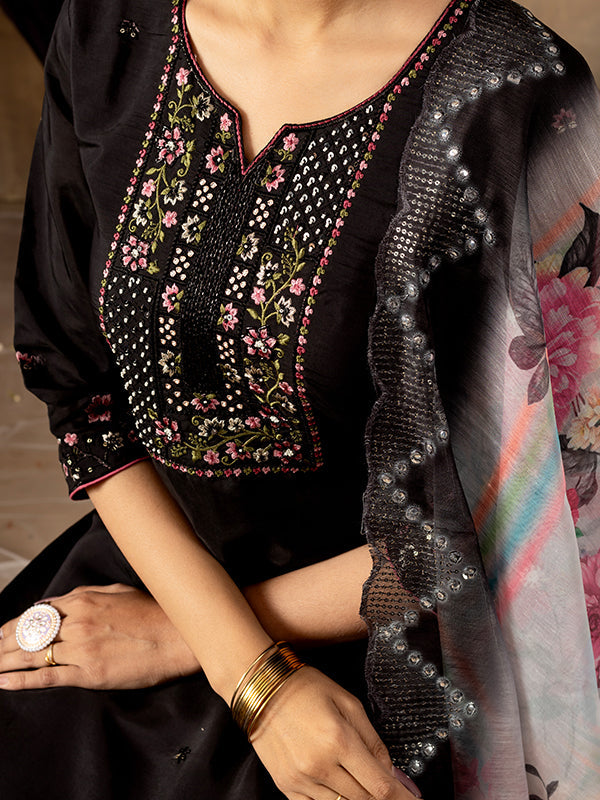 Black Roman Silk Embroidered With Hand Work Suit Set