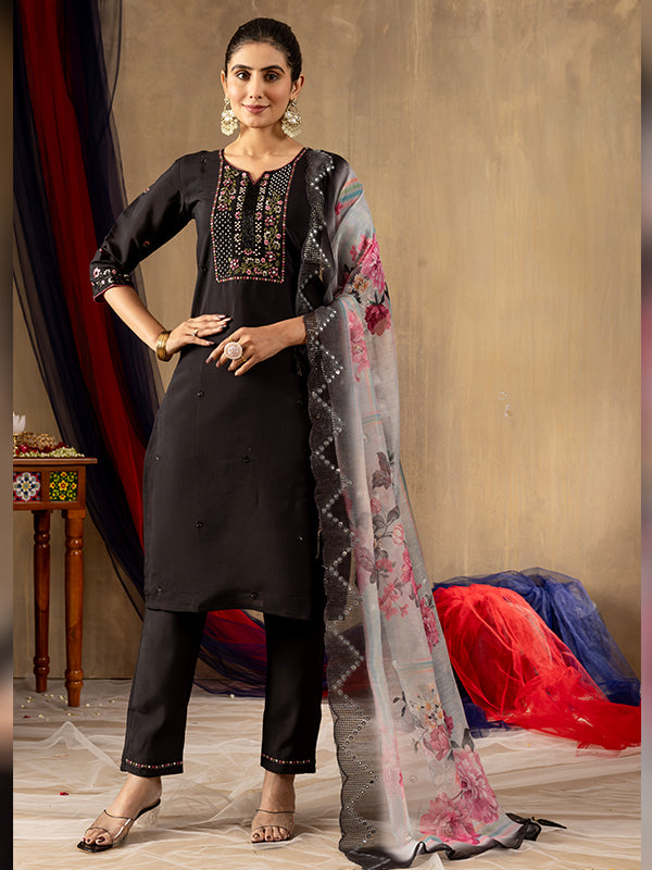 Black Roman Silk Embroidered With Hand Work Suit Set