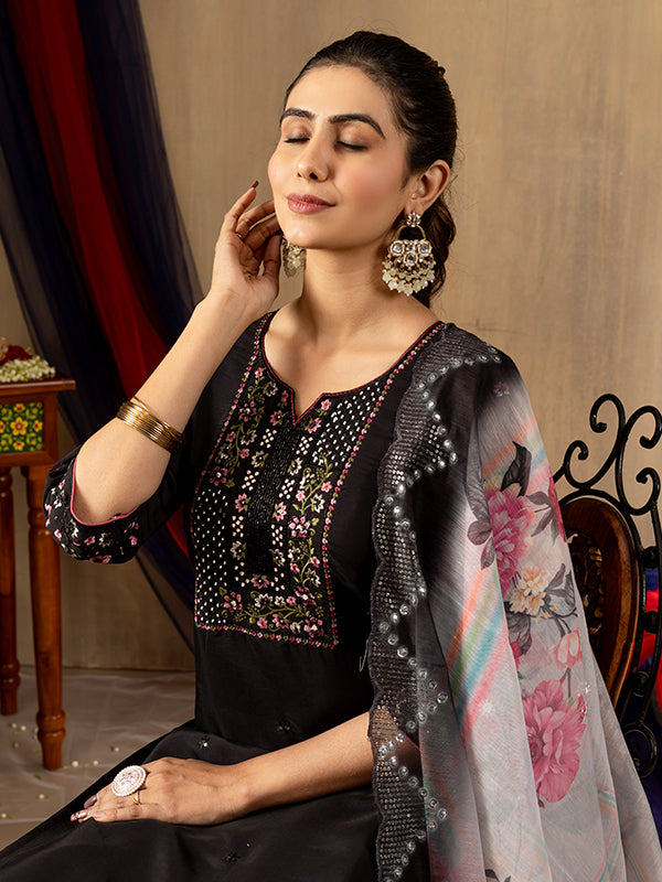 Black Roman Silk Embroidered With Hand Work Suit Set