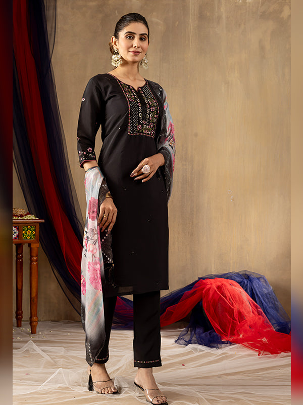 Black Roman Silk Embroidered With Hand Work Suit Set