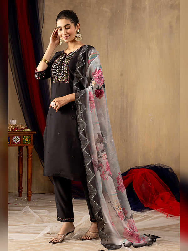 Black Roman Silk Embroidered With Hand Work Suit Set
