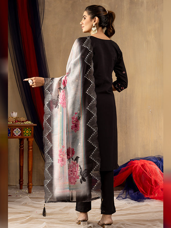 Black Roman Silk Embroidered With Hand Work Suit Set