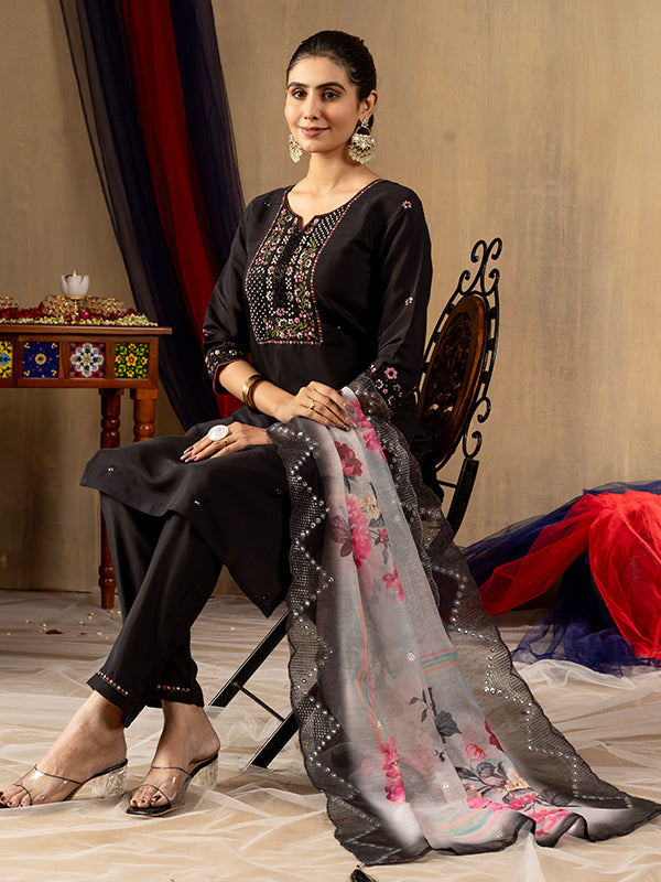 Black Roman Silk Embroidered With Hand Work Suit Set