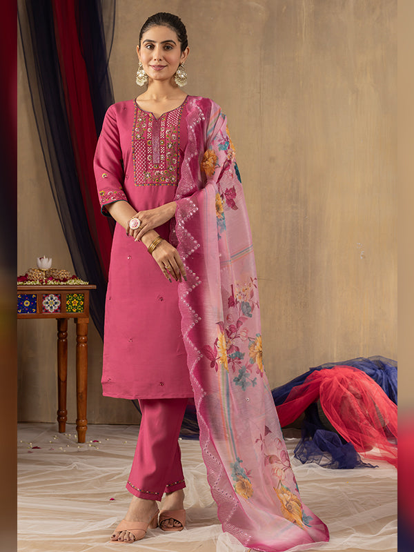 Pink Roman Silk Embroidered With Hand Work Suit Set