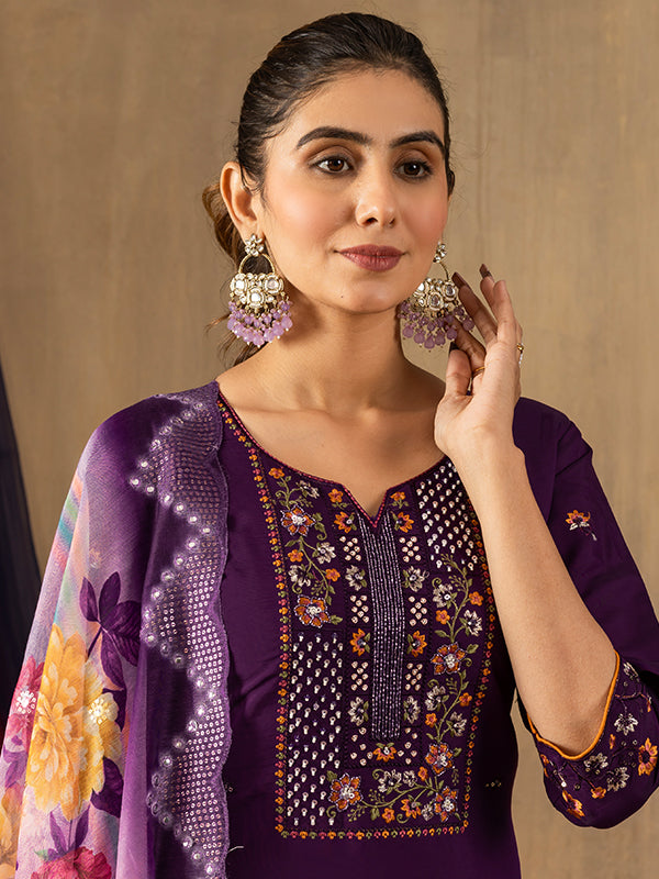 Purple Roman Silk Embroidered With Hand Work Suit Set