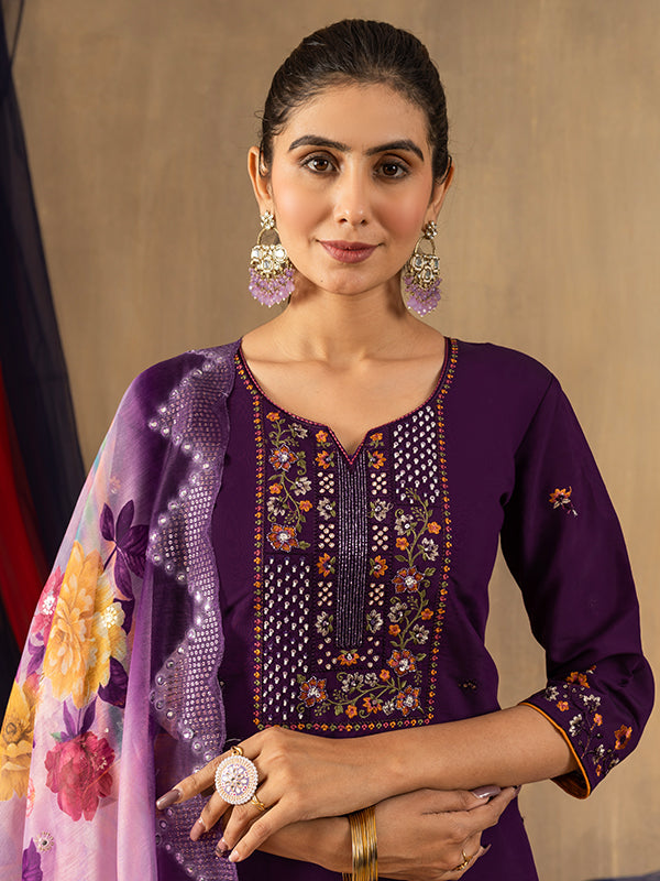Purple Roman Silk Embroidered With Hand Work Suit Set