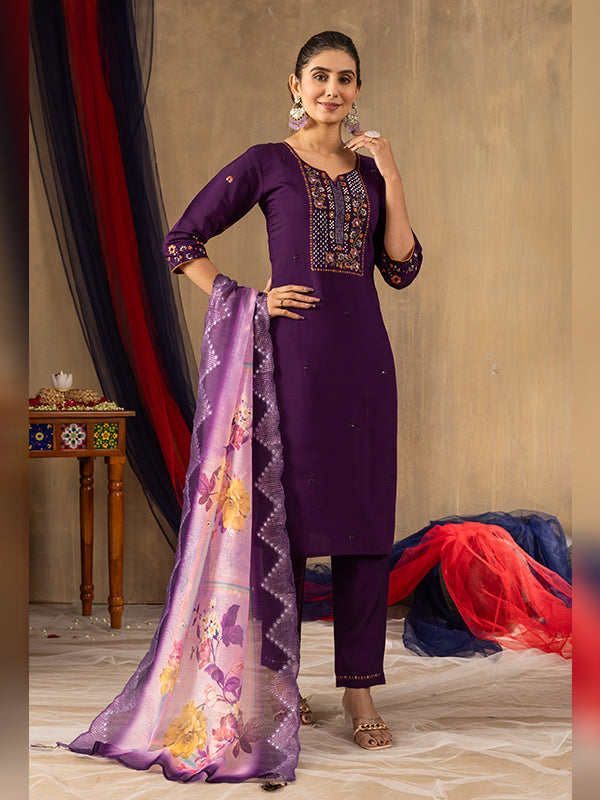 Purple Roman Silk Embroidered With Hand Work Suit Set
