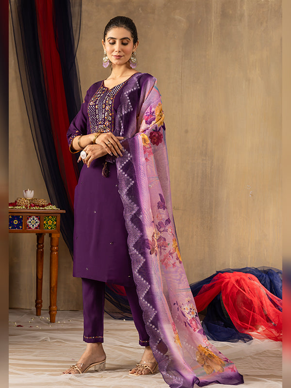 Purple Roman Silk Embroidered With Hand Work Suit Set