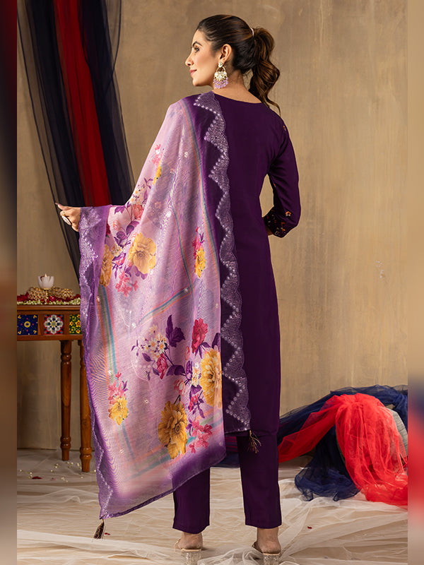 Purple Roman Silk Embroidered With Hand Work Suit Set