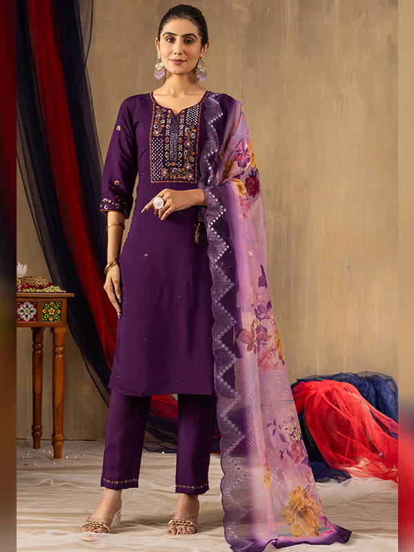 Purple Roman Silk Embroidered With Hand Work Suit Set