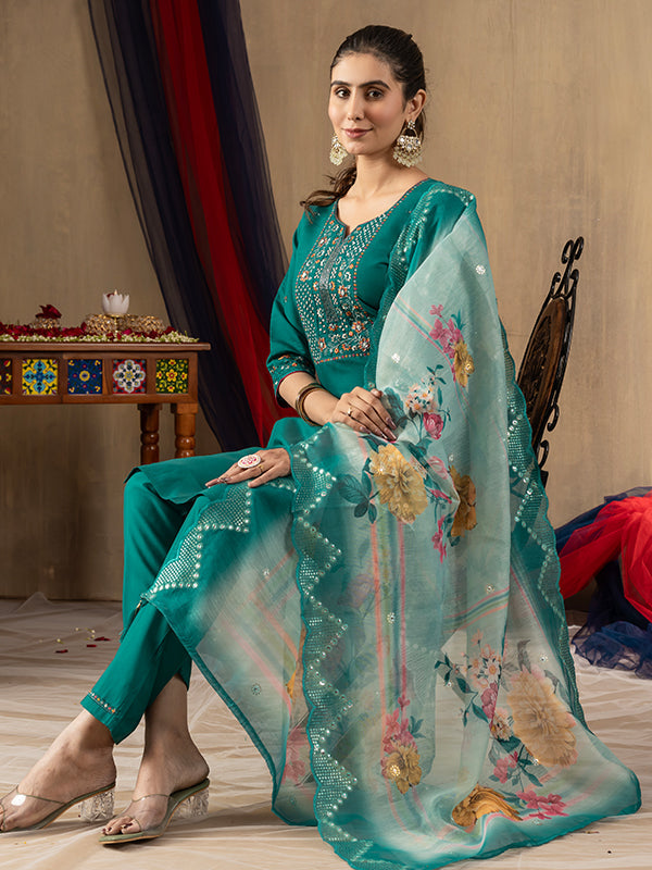 Rama Roman Silk Embroidered With Hand Work Suit Set