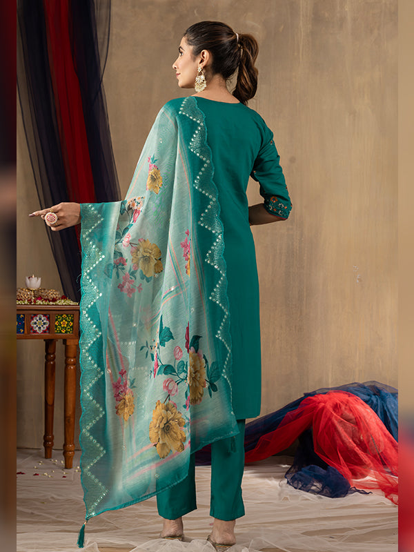 Rama Roman Silk Embroidered With Hand Work Suit Set