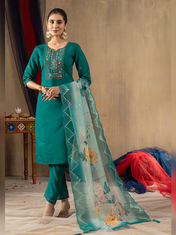 Rama Roman Silk Embroidered With Hand Work Suit Set