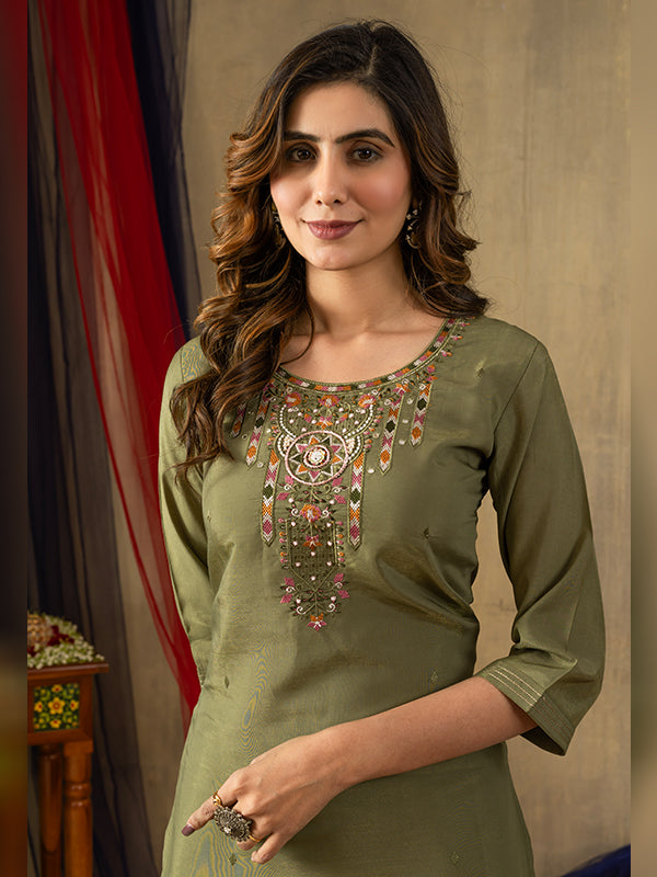 Mehndi Shimmer Silk Embroidered With Hand Work Suit Set