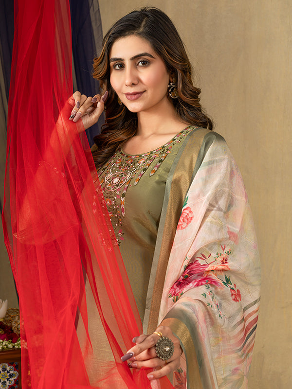 Mehndi Shimmer Silk Embroidered With Hand Work Suit Set
