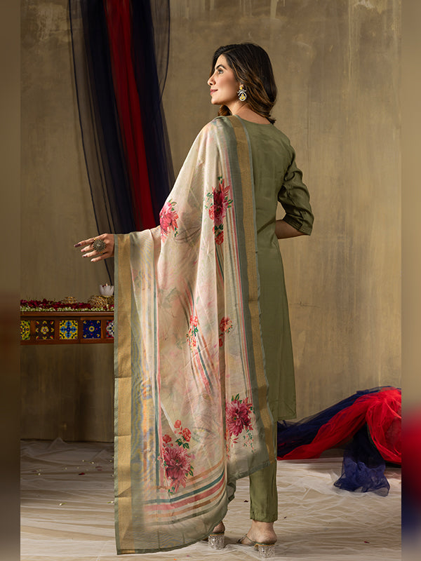 Mehndi Shimmer Silk Embroidered With Hand Work Suit Set