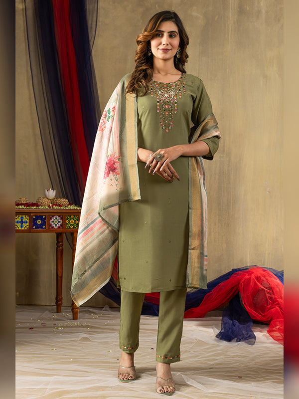 Mehndi Shimmer Silk Embroidered With Hand Work Suit Set
