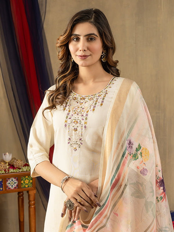 Off White Shimmer Silk Embroidered With Hand Work Suit Set