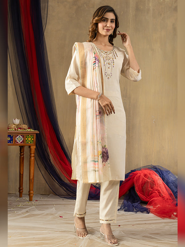 Off White Shimmer Silk Embroidered With Hand Work Suit Set
