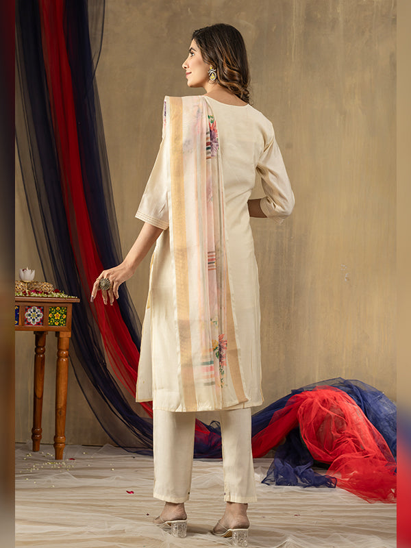 Off White Shimmer Silk Embroidered With Hand Work Suit Set