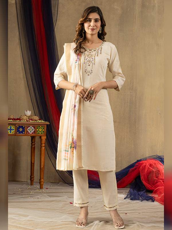 Off White Shimmer Silk Embroidered With Hand Work Suit Set
