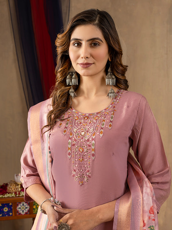 Onion Pink Shimmer Silk Embroidered With Hand Work Suit Set