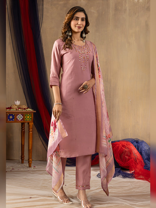 Onion Pink Shimmer Silk Embroidered With Hand Work Suit Set