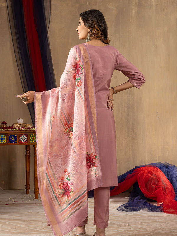 Onion Pink Shimmer Silk Embroidered With Hand Work Suit Set