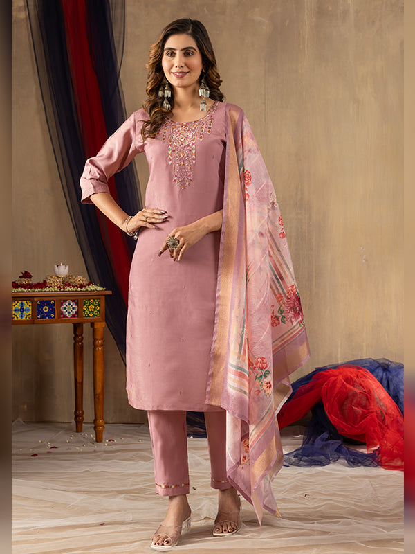 Onion Pink Shimmer Silk Embroidered With Hand Work Suit Set