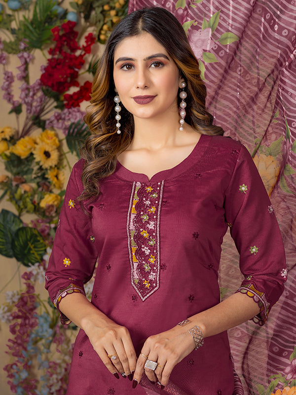 Cerise Roman Silk Embroidered With Hand Work Suit Set