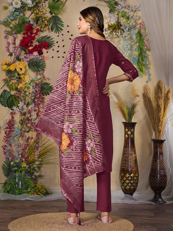 Cerise Roman Silk Embroidered With Hand Work Suit Set