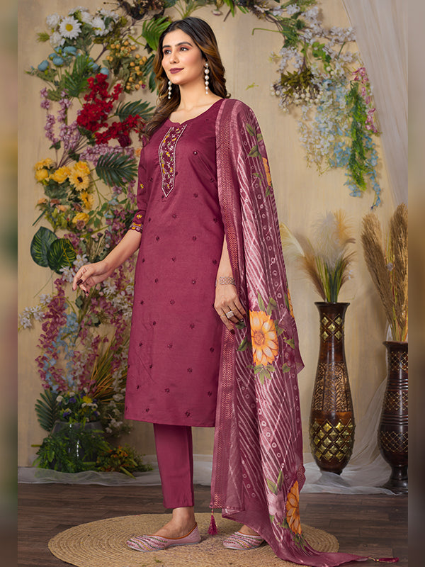 Cerise Roman Silk Embroidered With Hand Work Suit Set