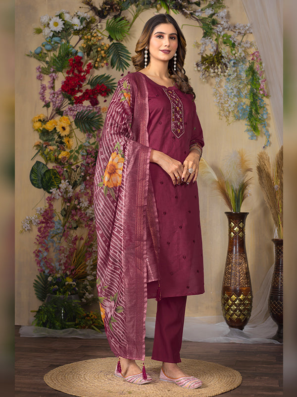 Cerise Roman Silk Embroidered With Hand Work Suit Set