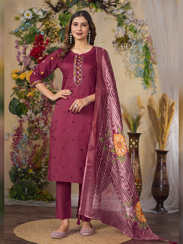 Cerise Roman Silk Embroidered With Hand Work Suit Set