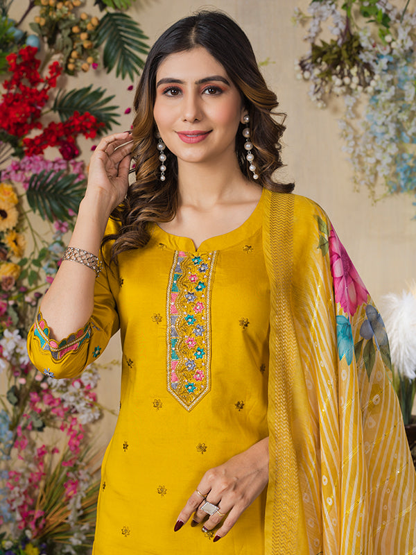 Mustard Yellow Roman Silk Embroidered With Hand Work Suit Set