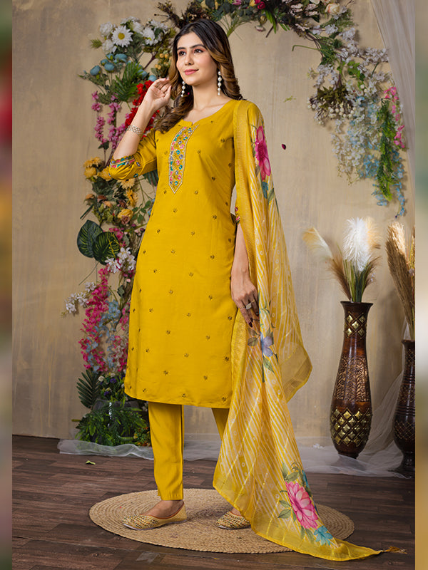 Mustard Yellow Roman Silk Embroidered With Hand Work Suit Set