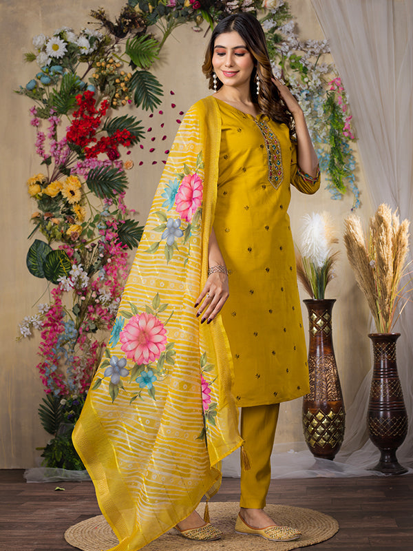 Mustard Yellow Roman Silk Embroidered With Hand Work Suit Set