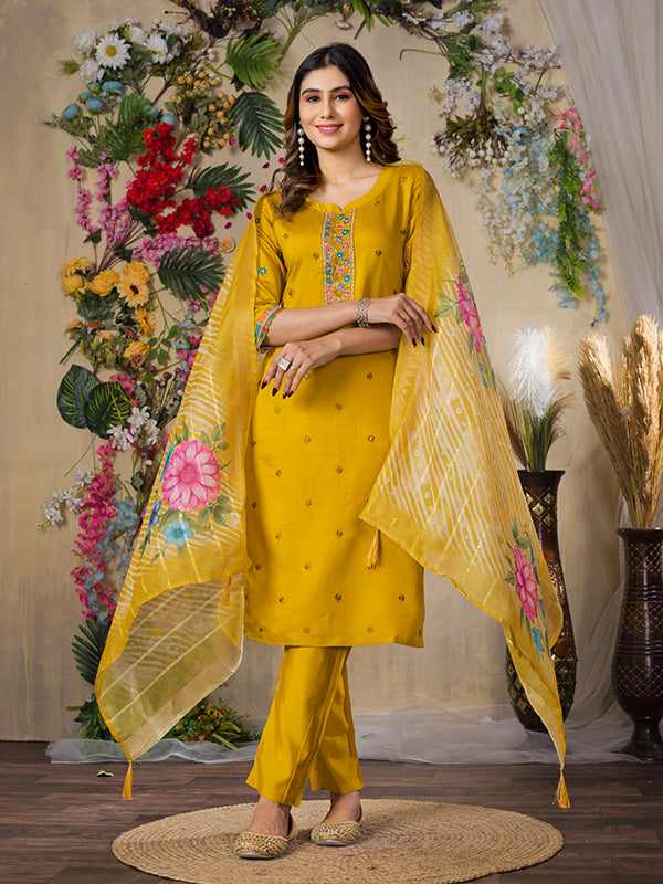 Mustard Yellow Roman Silk Embroidered With Hand Work Suit Set