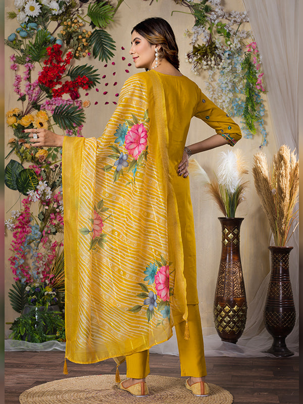Mustard Yellow Roman Silk Embroidered With Hand Work Suit Set