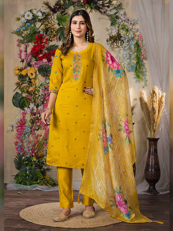 Mustard Yellow Roman Silk Embroidered With Hand Work Suit Set