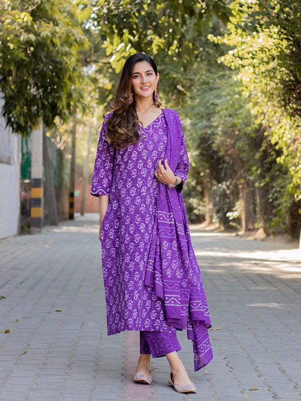 Purple Cotton Printed Kurti With Pant & Dupatta Set