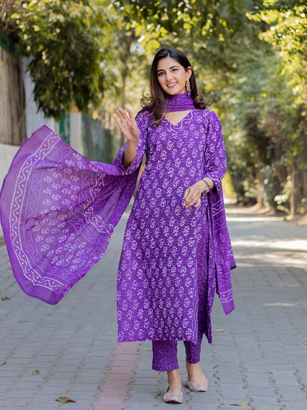 Purple Cotton Printed Kurti With Pant & Dupatta Set