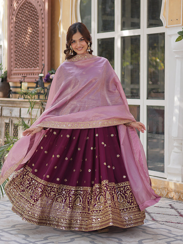 Wine Maroon Georgette Sequins Embroidered Gown With Dupatta