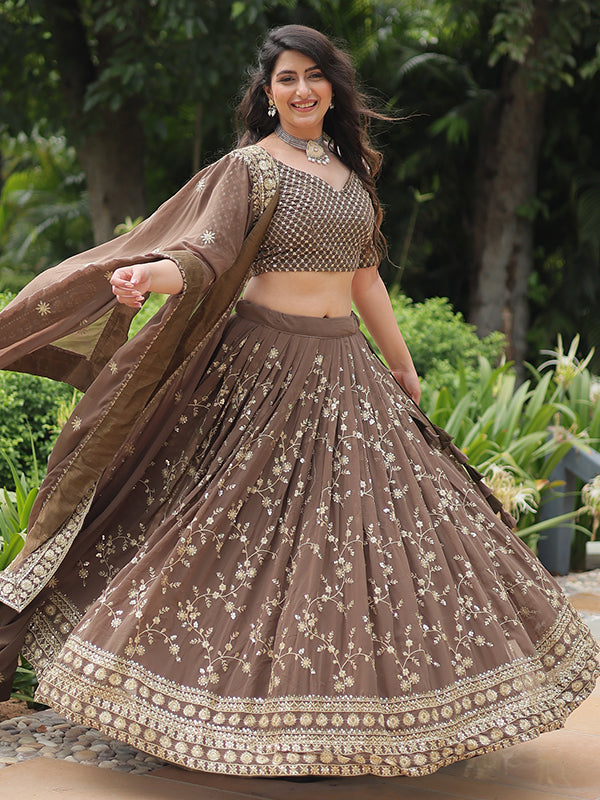 Brown Faux Blooming With Embroidered Sequins Lehenga Choli