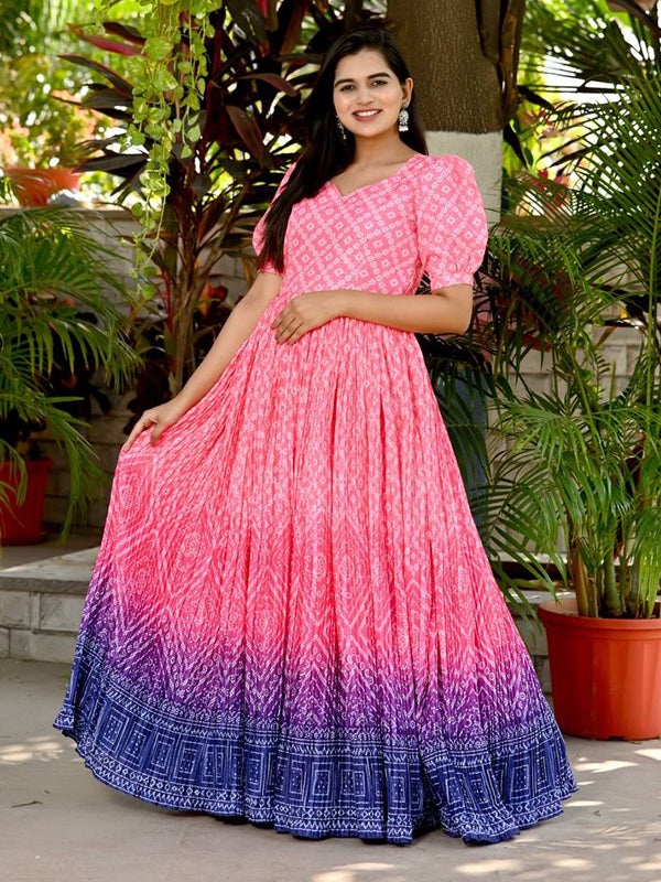 Light Pink Bandhej Printed Muslin Gown With Designer Sleeves